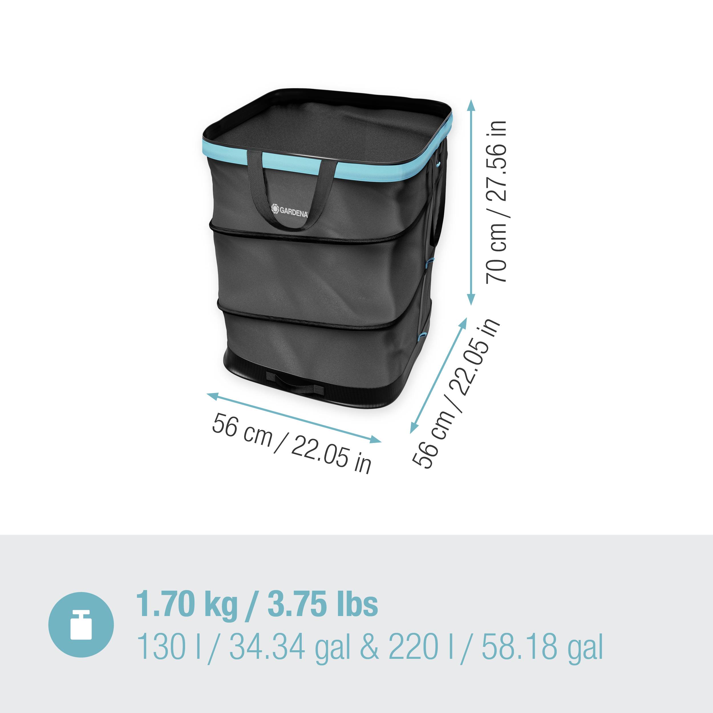 Foldbar, firkantet havesæk med tre rum, 56x56x70 cm, vægt 1,7 kg, kapacitet 130 liter.