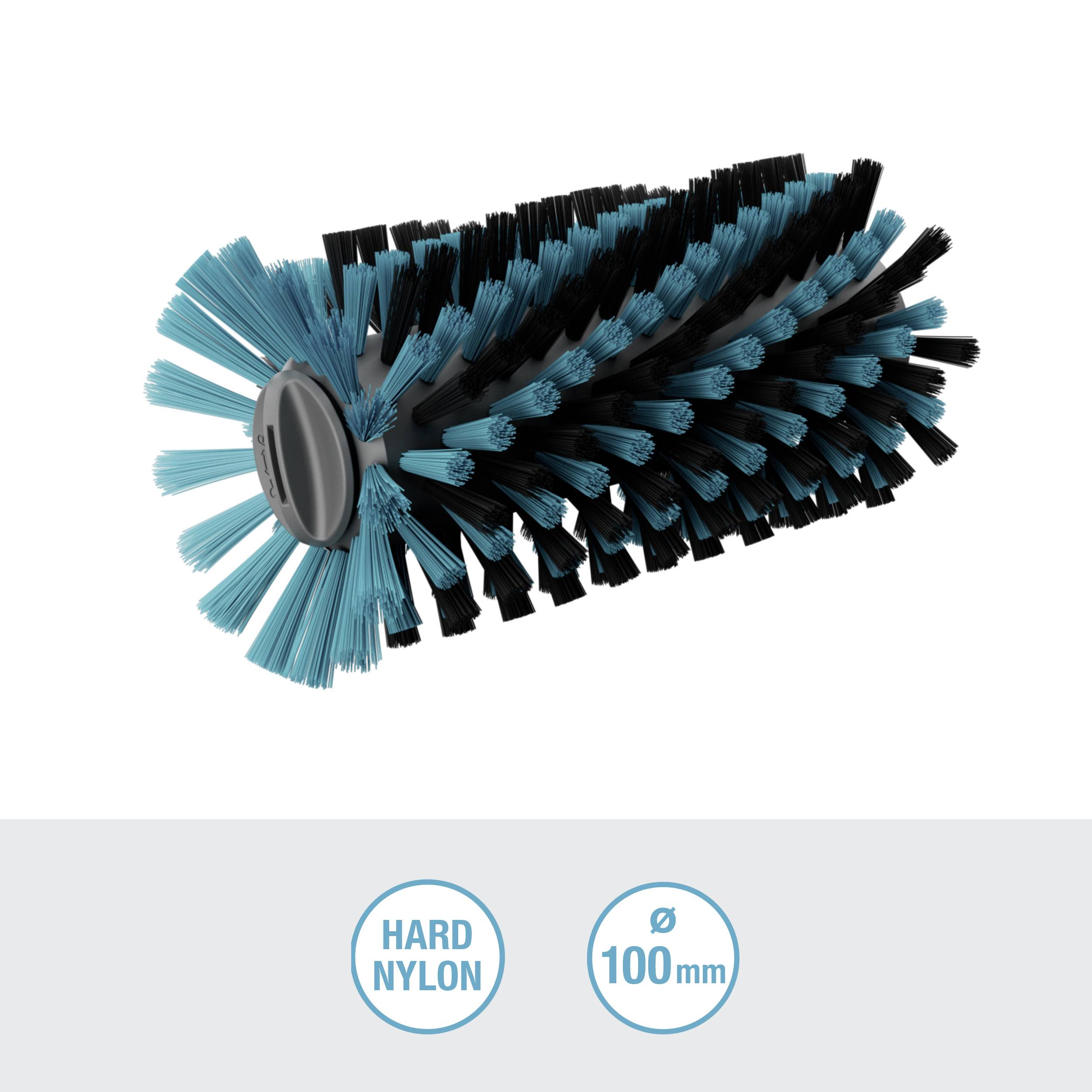 Blå og sort rund børstehoved med nylonbørster, diameter 100 mm. Tekst nedenunder: 'Hard Nylon'.