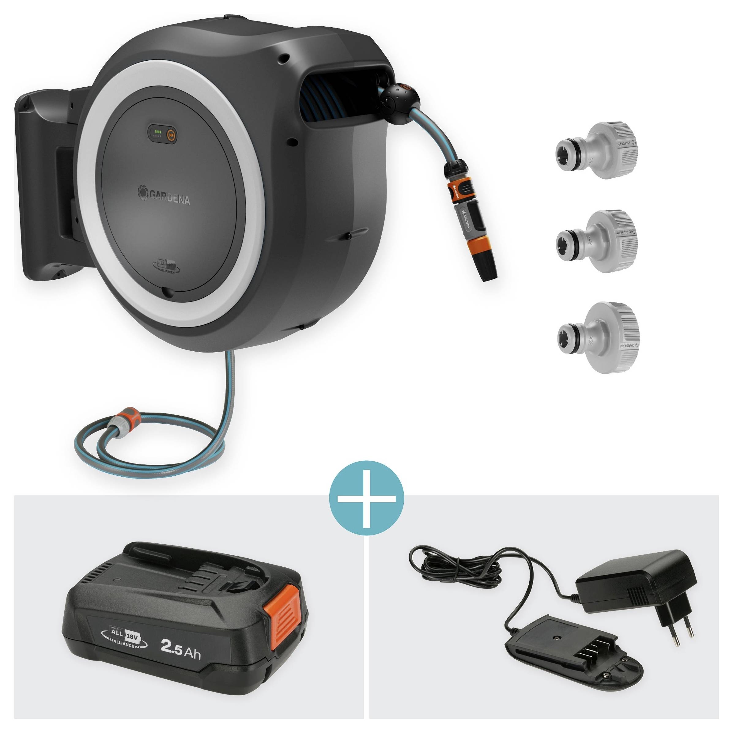 'GARDENA Wall-Mounted Hose Auto Reel' pakken indeholder en auto-opruller, tre vandhaneadaptere, et 2,5Ah batteri og en oplader.