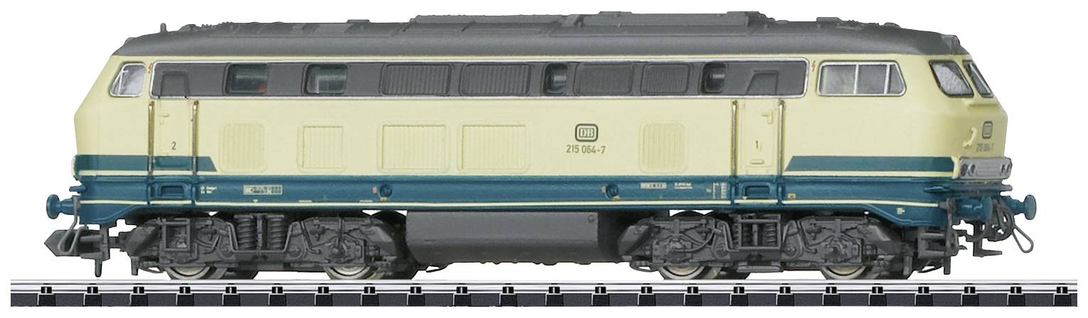En model af et totoners diesellokomotiv med påskriften 'DB 218 497-7' på siderne, stående på et spor.