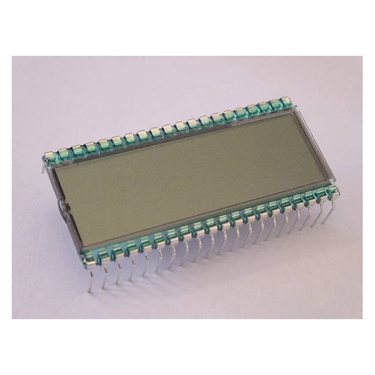 Et rektangulært elektronisk komponent, sandsynligvis et display, med metalliske tilslutninger på begge langssider, på hvid baggrund.