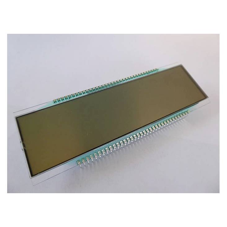 Rektangulær, reflekterende elektronisk komponent med talrige ben, muligvis et display eller en processor, på lys baggrund.