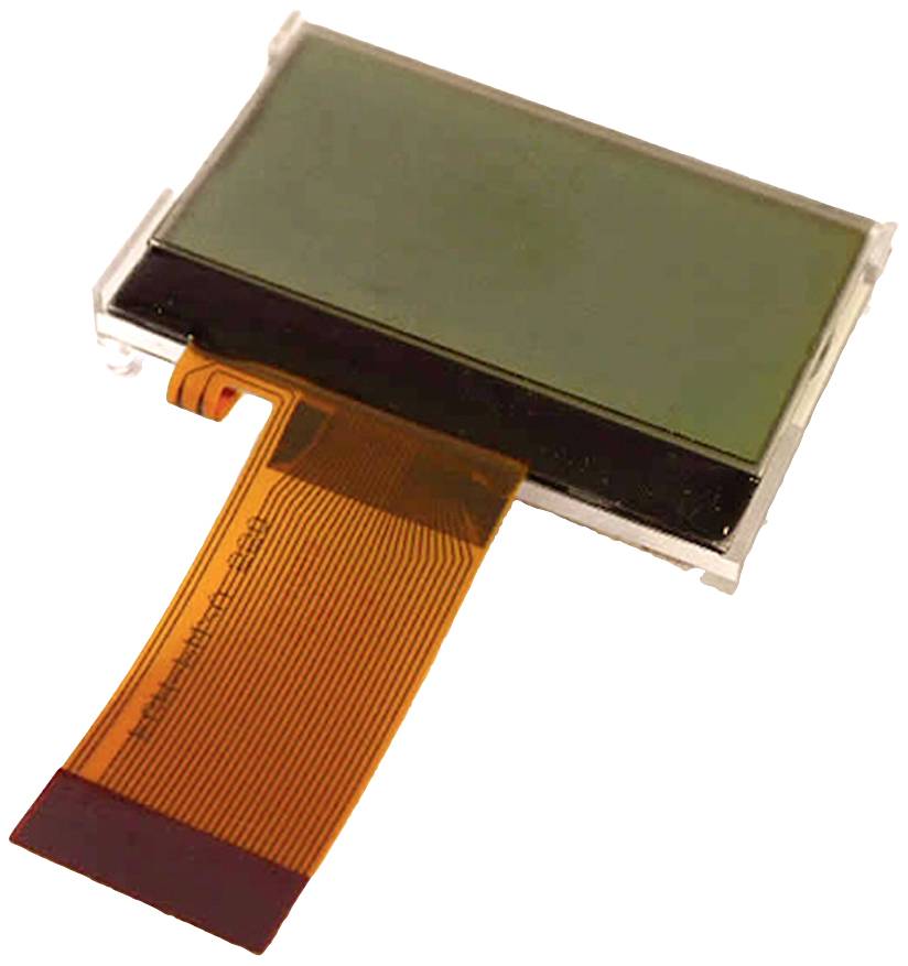 Lille LCD-display med et fleksibelt, orange fladkabel til tilslutning med elektroniske enheder.