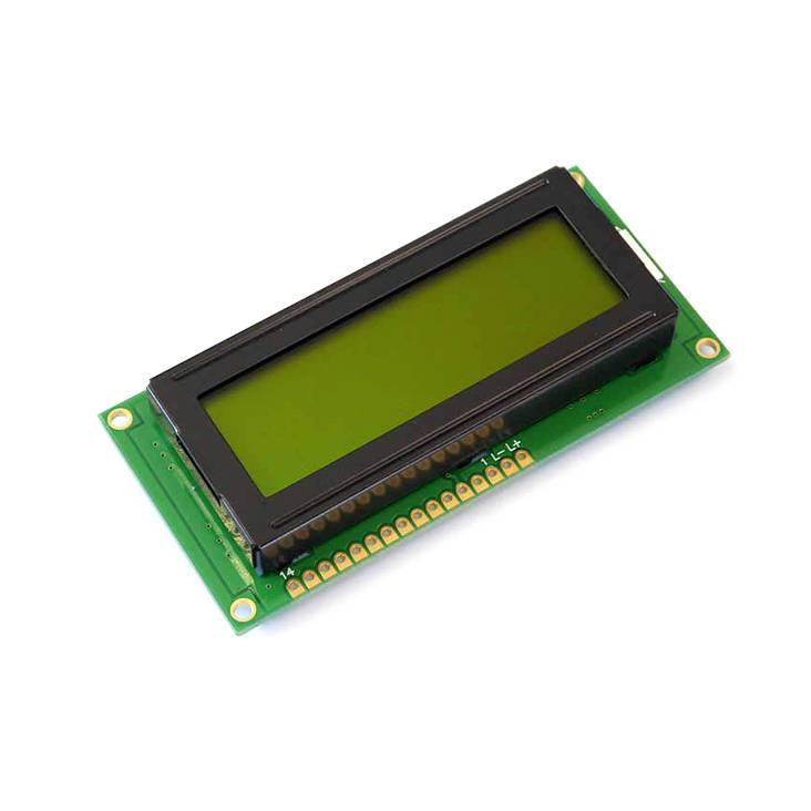 Et grønt LCD-displaymodul på et grønt printpanel, egnet til visning af tekst i elektroniske enheder.