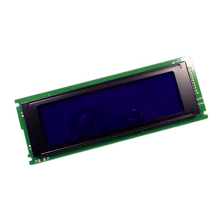 Et rektangulært LCD-modul med blå bagbelysning og grøn kredsløbsramme, egnet til elektroniske enheders displays.