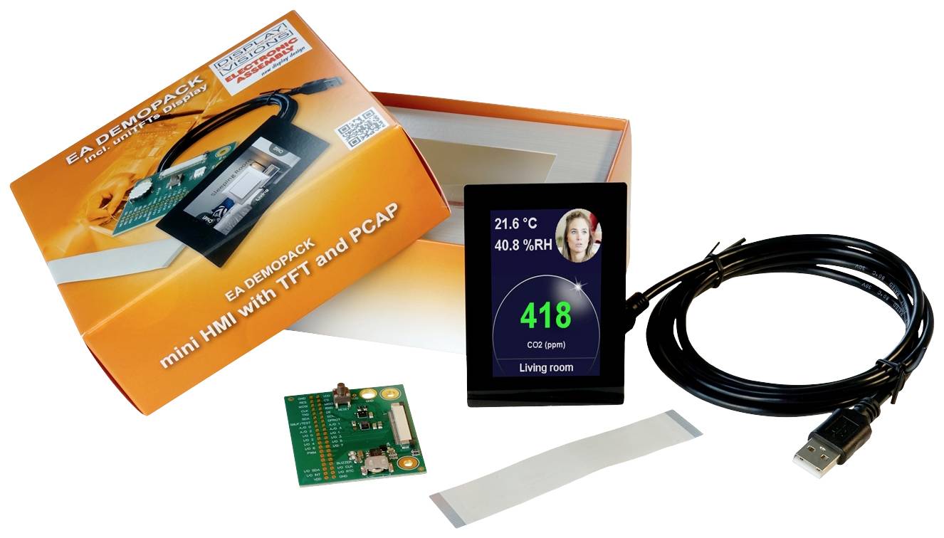 Et demo-sæt med en lille HMI med TFT-display og PCAP. Viser temperatur, luftfugtighed og CO2-niveau i et rum. Indeholder kabler og printplade.
