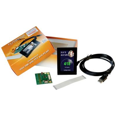 Et demo-sæt med en lille HMI med TFT-display og PCAP. Viser temperatur, luftfugtighed og CO2-niveau i et rum. Indeholder kabler og printplade.