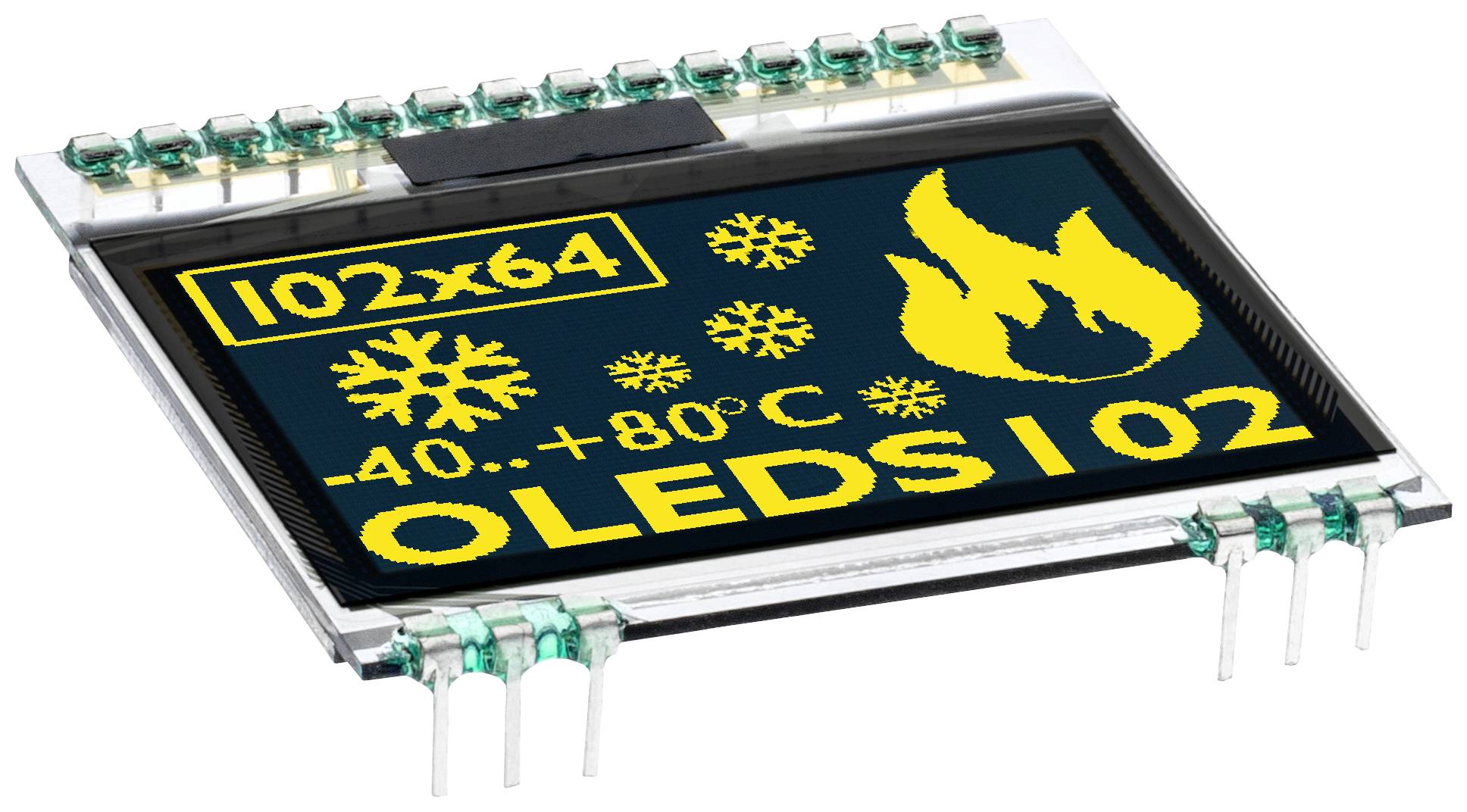 Lille display med angivelserne '102x64', 'OLED', '102' og temperatursymboler. Viser driftsområde fra -40°C til +80°C.