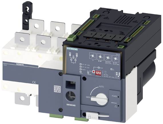 En elektrisk effektafbryder fra Siemens med flere tilslutninger og betjeningselementer. Tydelig mærkning og kontrolindstillinger er synlige.