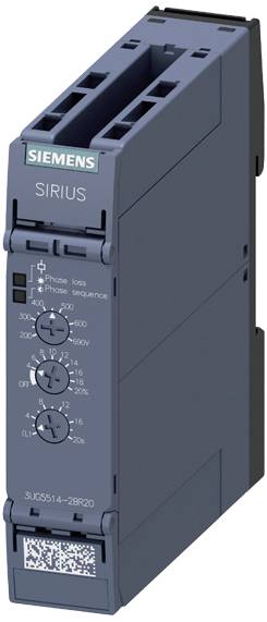 Et blåt Siemens SIRIUS kontrolenhed med regulatorer og mærkater til fasekontrol og frekvensindstilling.