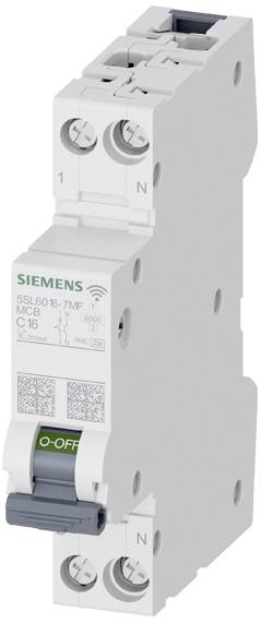 Elektrisk sikringsafbryder fra Siemens, model 5SL6, med vippeafbryder i positionen 'OFF', egnet til 16 ampere.