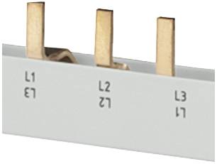 Tre faseledere med betegnelserne 'L1', 'L2' og 'L3' er monteret på en elektrisk skinne.