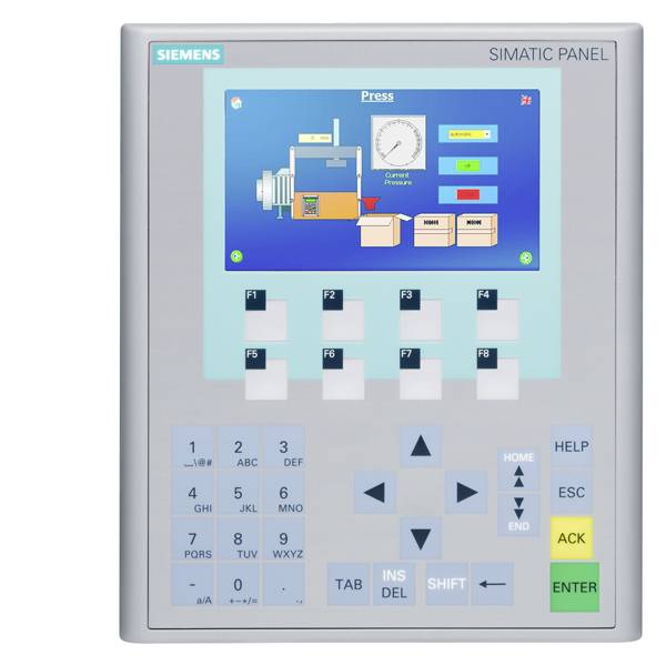 Et Siemens SIMATIC panel med en skærm, der viser et styringsdiagram for industrielle processer. Forskellige knapper er synlige.