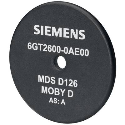 'Sort Siemens RFID-tag med påskriften: 6GT2600-0AE00, MDS D126, MOBY D, AS: A.'