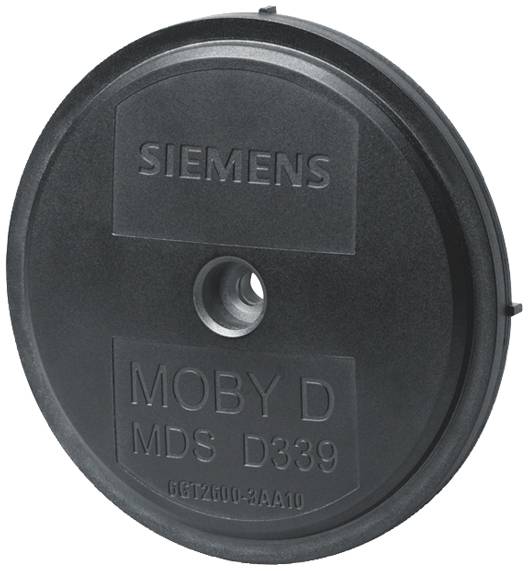 Sort, rund RFID-transponder fra Siemens med påskriften MOBY D MDS D339.