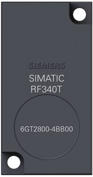 Sort elektronisk komponent med påskriften 'SIEMENS SIMATIC RF340T 6GT2800-4BB00', sandsynligvis en RFID-transponder.