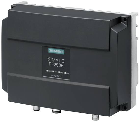 Et sort SIMATIC RF290R-apparat fra Siemens, et RFID-læseenhed, med stik i bunden og grønt firmalogo.