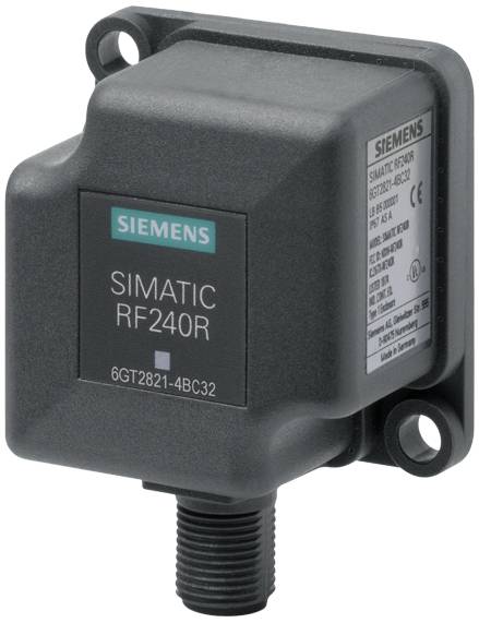 Kompakt RFID-enhed fra Siemens, model SIMATIC RF240R, i et sort kabinet, egnet til industrielle anvendelser.