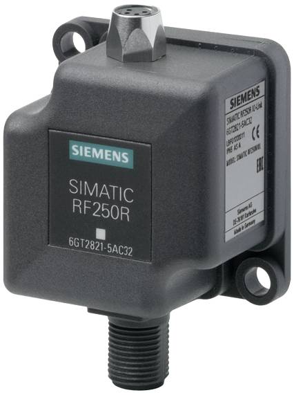 RFID-læseenhed fra Siemens, model SIMATIC RF250R, i sort kabinet, til trådløs datakommunikation og identifikation.