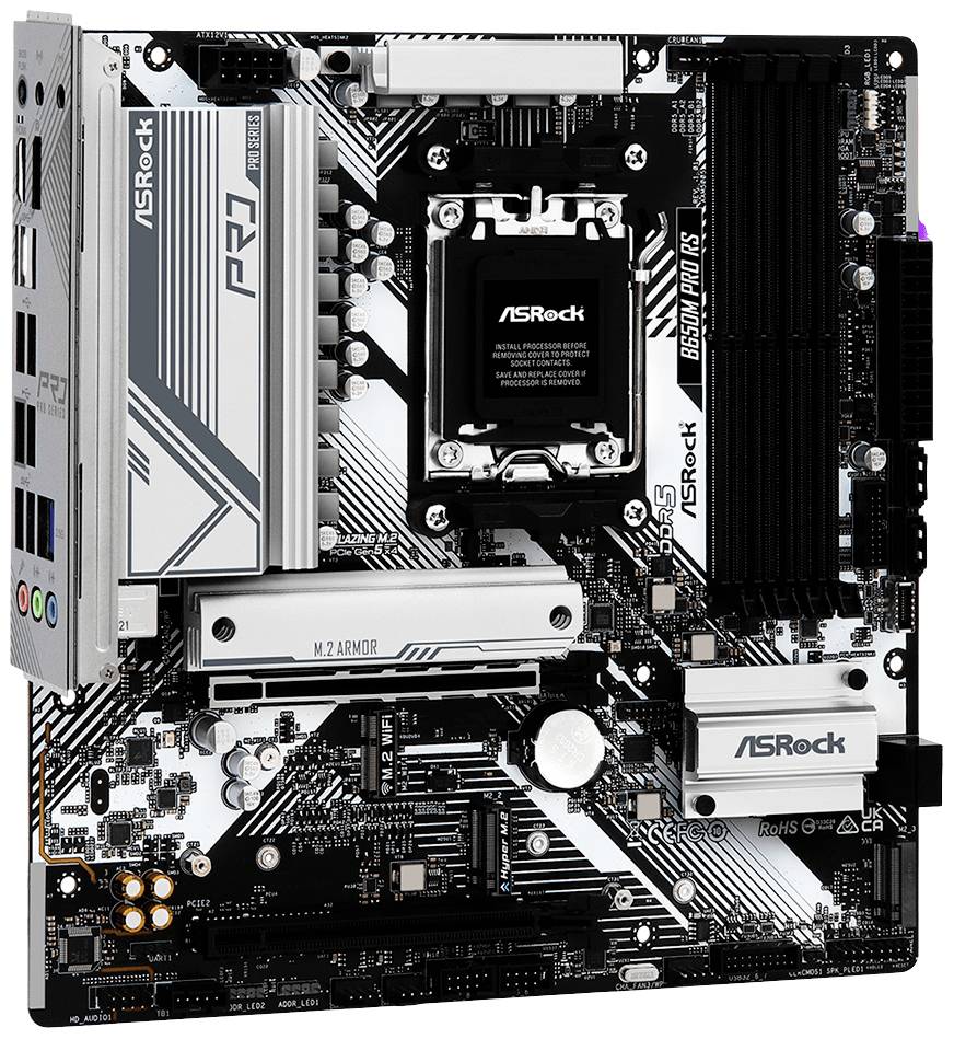 Illustration af et ASRock bundkortmodel med flere stik, tilslutninger og kølemoduler. Egnet til computerdteknologi.