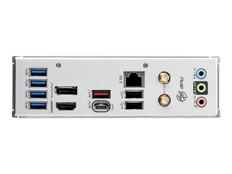 Bagsiden af et computer-bundkort med flere tilslutninger: USB, HDMI, DisplayPort, netværksstik, lydindgange.