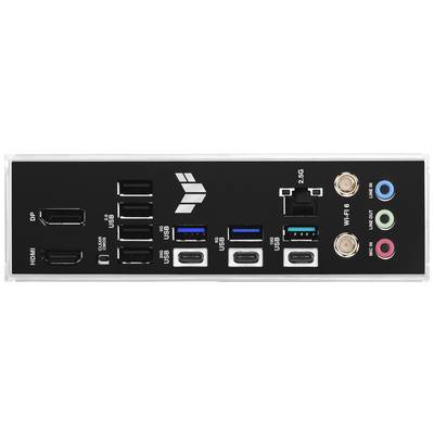 Bagsiden af et computer-bundkort med forskellige stik: HDMI, DisplayPort, flere USB-porte, Ethernet-stik og lydstik.