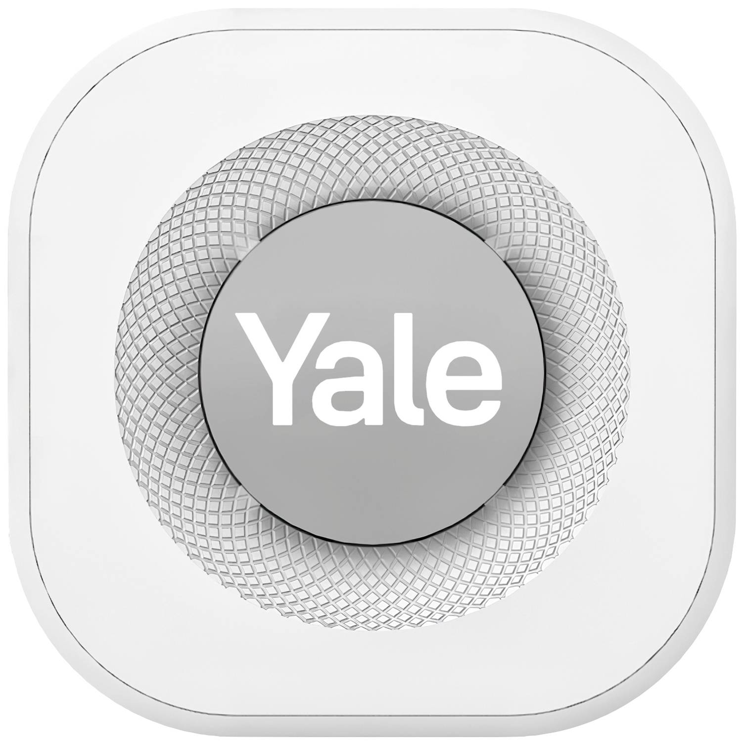 Hvid røgalarm med 'Yale'-tekst i midten, omgivet af en grå, struktureret ring.