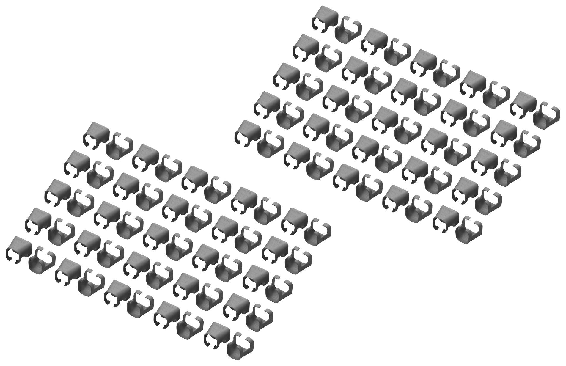 To grupper af mange små grå clips, placeret i diagonale rækker, jævnt fordelt.