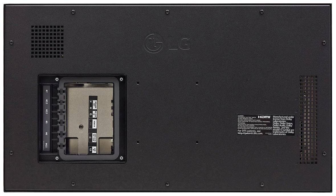 Bagsiden af en LG-fladskærm. Der er synlige stik til HDMI, lyd og andre kabelforbindelser. Ventilationsåbninger er til stede.