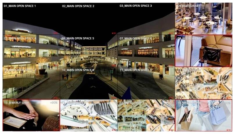 Et indkøbscenter om natten med velbelyste butikker og restauranter, mennesker vandrer rundt; central åben plads i fokus.