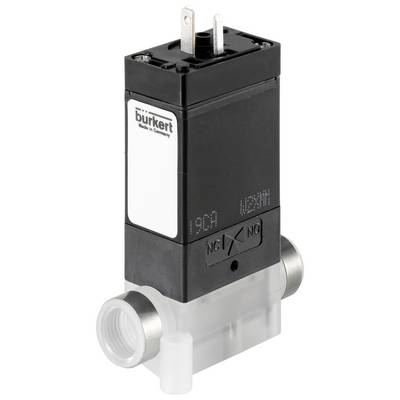 Et sort elektrisk ventil med påskriften 'burkert' er monteret på et transparent hus.