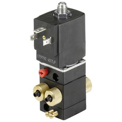Et sort og guldfarvet ventil med elektriske tilslutninger og gevindhuller, bruges til hydrauliske eller pneumatiske systemer.