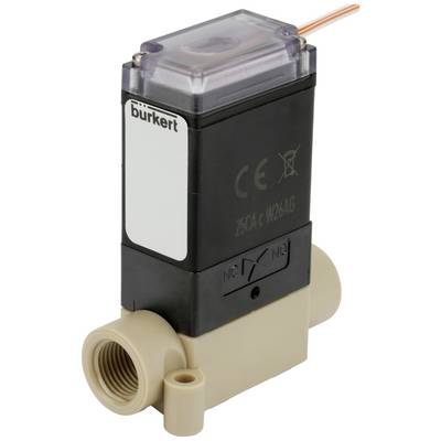 Et elektromagnetisk ventil fra Bürkert, sort med beige tilslutning, egnet til styring af væske- eller gasstrømme.
