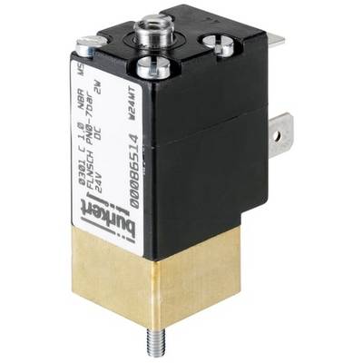 Magnetventil med sort kabinet og metalsokkel, mærket med tekniske specifikationer, f.eks. '24V DC, 2W'.