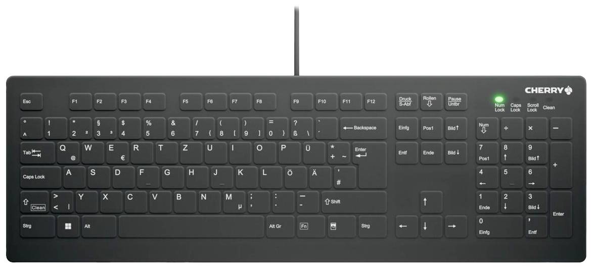 Sort PC-tastatur med tysk QWERTZ-layout, numerisk tastatursektion og funktionstasterne. Indikatorlampen lyser ved 'Num Lock'.