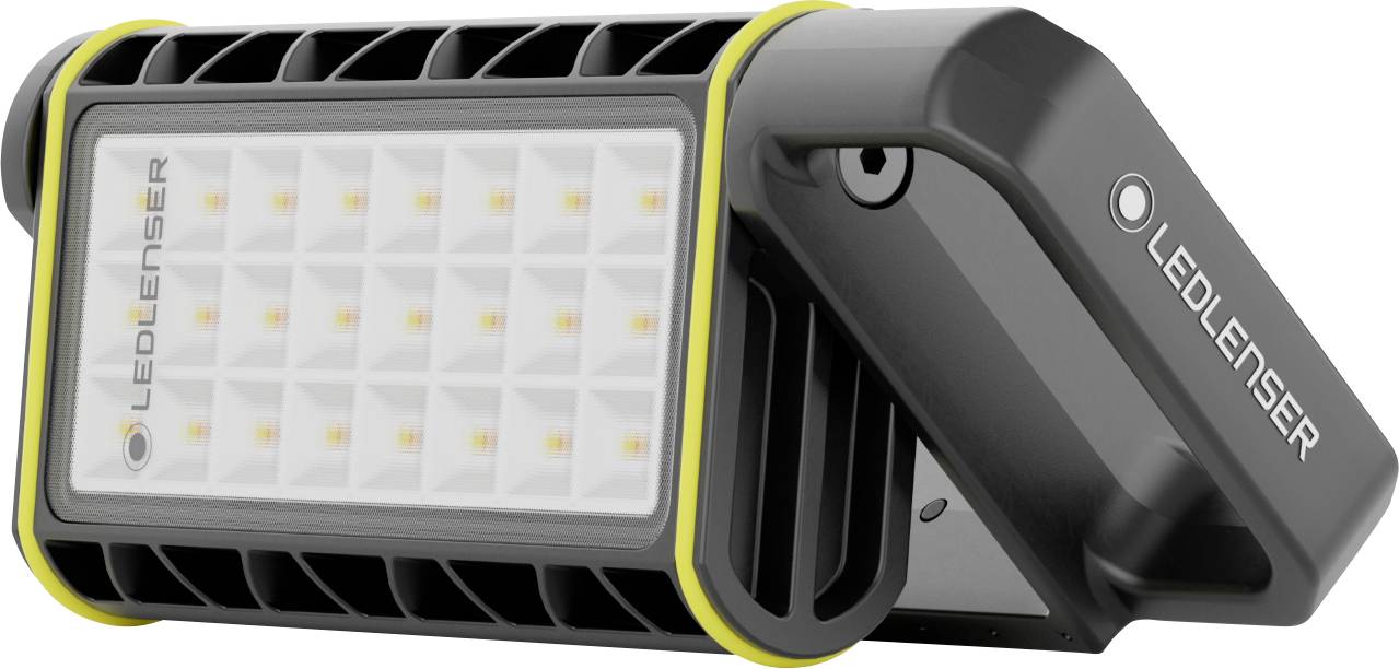 Bærbar, genopladelig LED-projektør med robust hus, 27 LED-lys og sidevenlig kontakt, egnet til udendørs brug.
