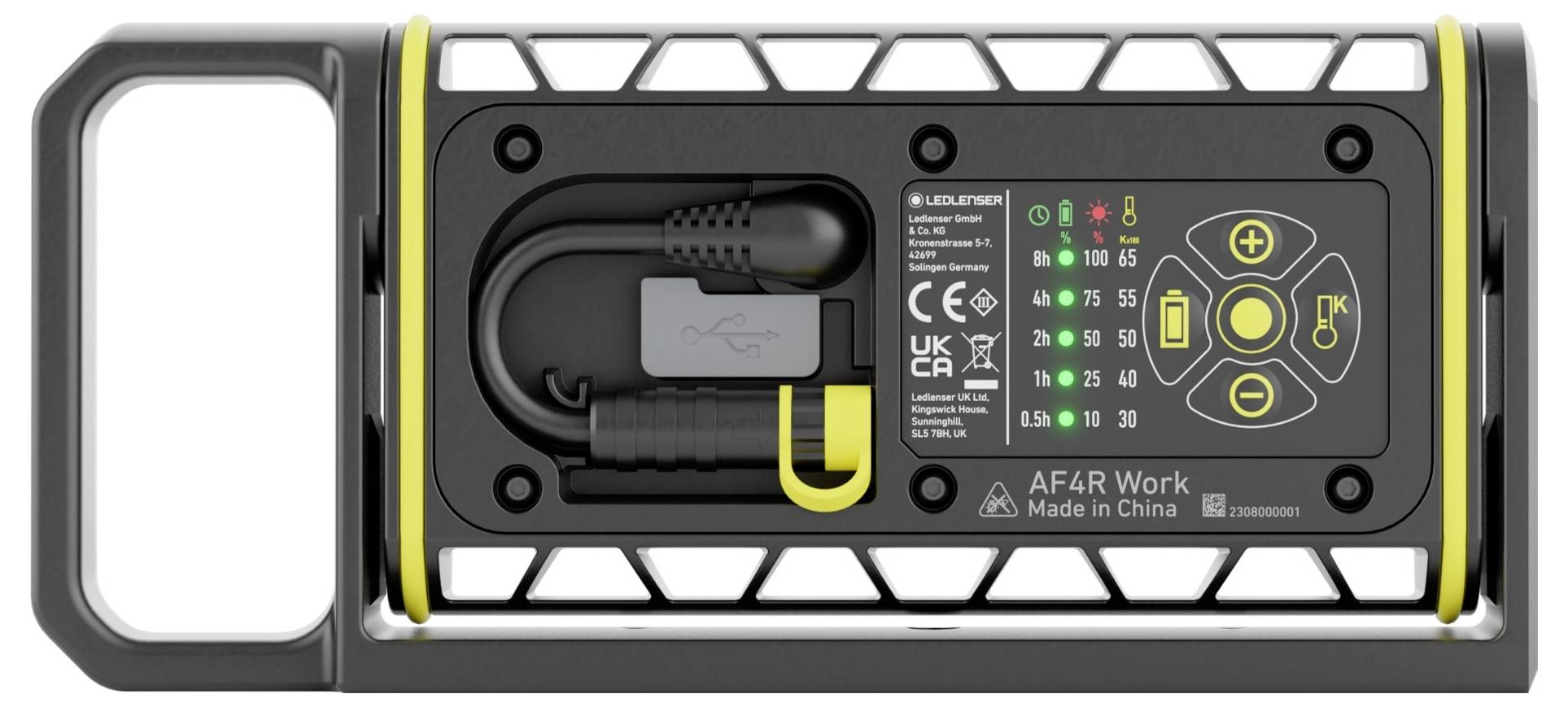 'Bagsiden af en LED-arbejdslampe med USB-kabel, LED-indikator for lysniveau, CE-mærkning og produktionsinformation.'