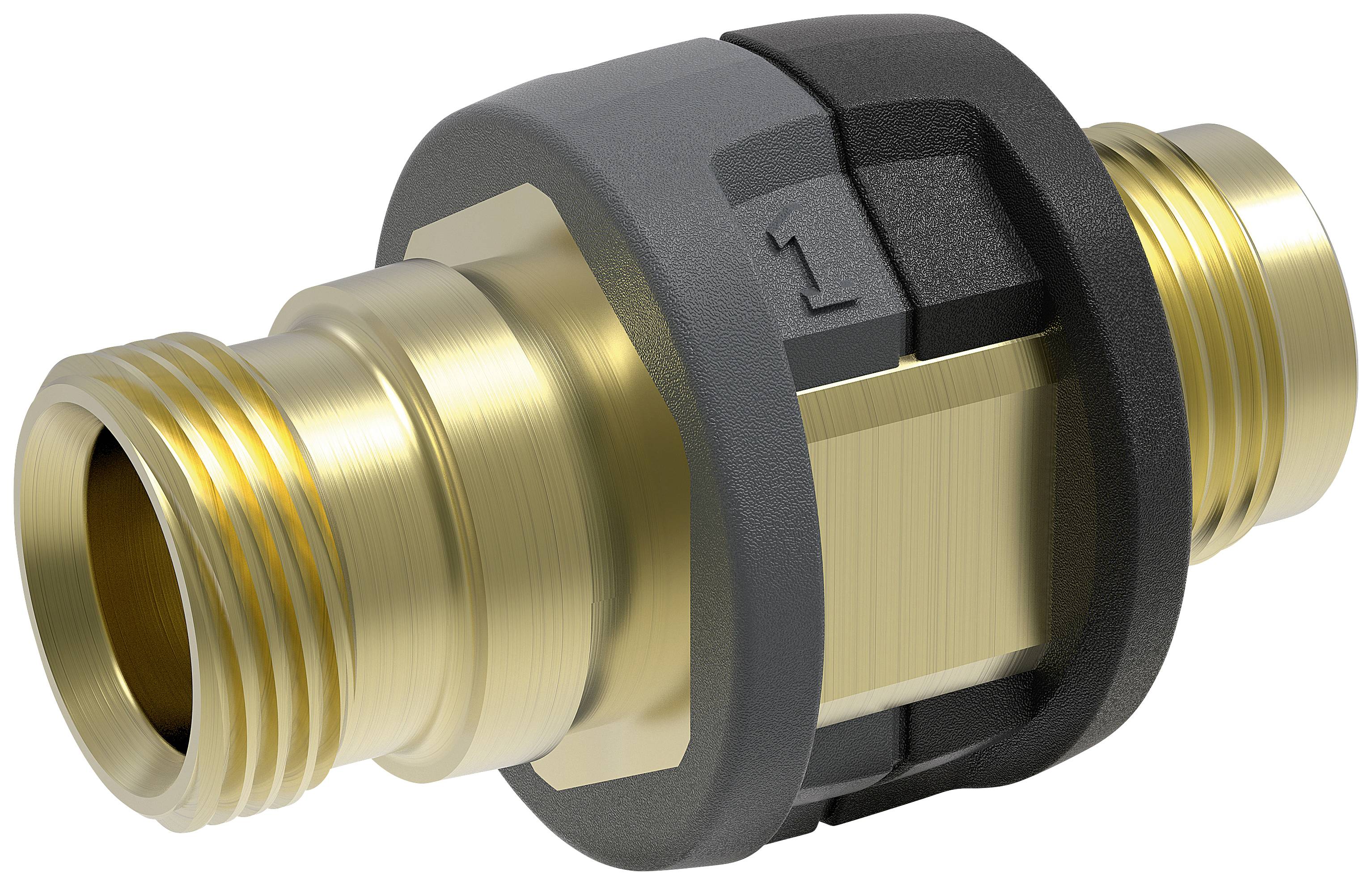 Messingfittings med plastkappe, to udvendige gevind, robust design til industrielle anvendelser, slagfast og korrosionsbestandig.