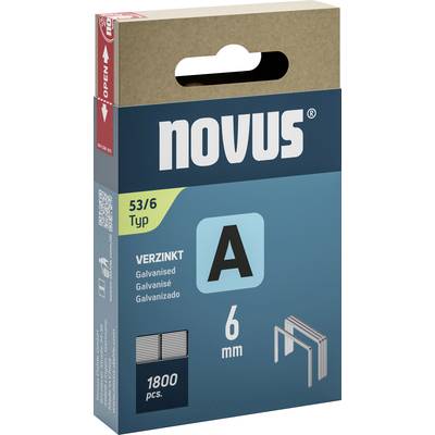 Æske med hæfteklammer fra mærket Novus, type 53/6. Indhold: 1800 stk., galvaniseret, størrelse 6 mm. Øverste del af emballagen er brun.