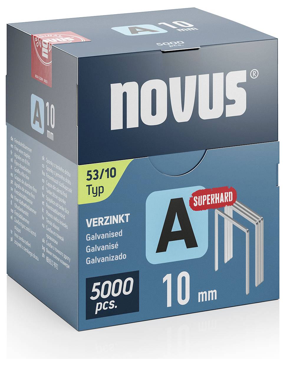 Emballage til Novus hæfteklammer Type 53/10, A Superhard, galvaniseret, 10 mm. Indeholder 5000 styk.