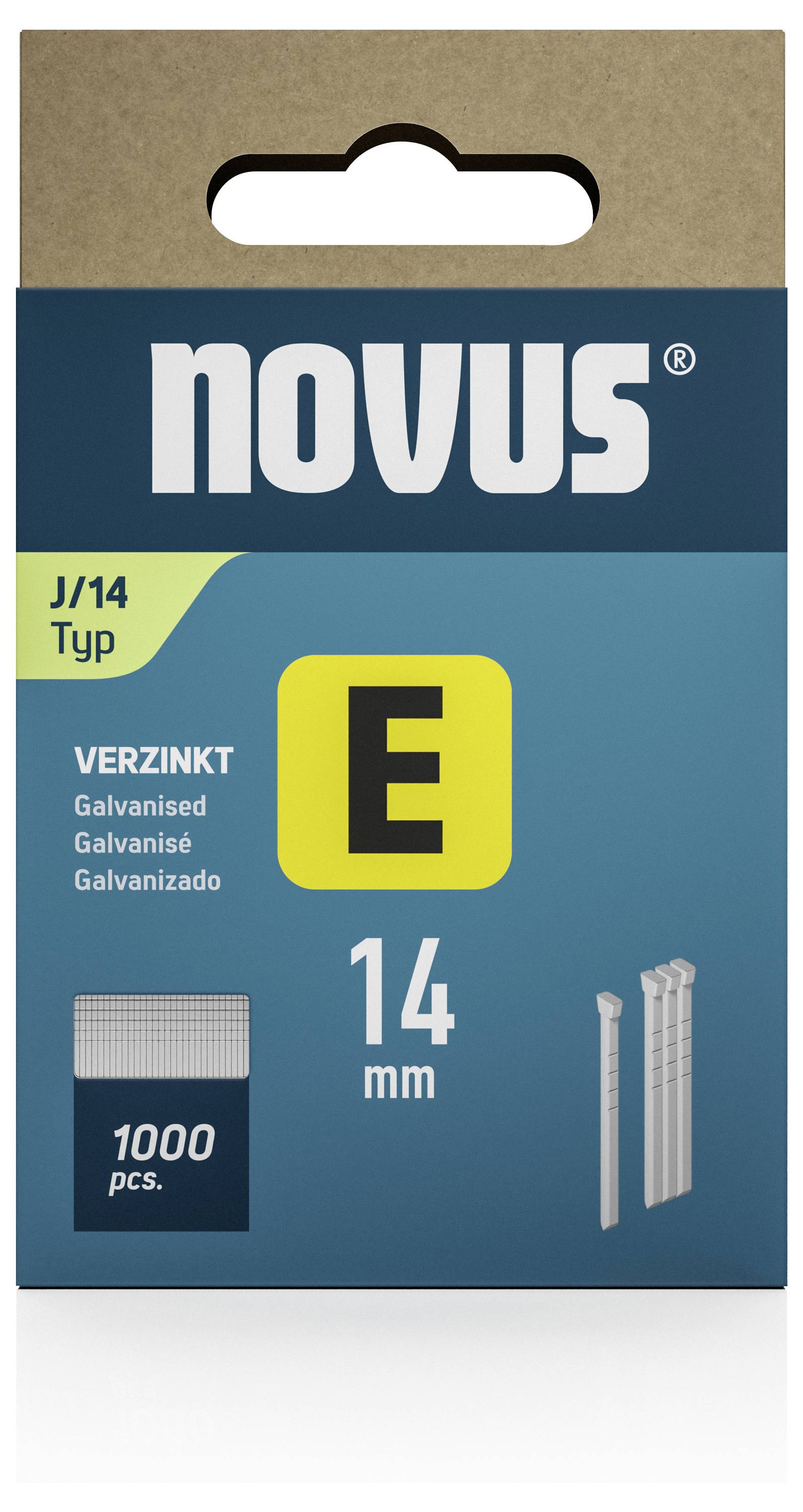 En pakke klamper fra mærket Novus, type J/14, galvaniseret, 14 mm længde, 1000 styk.