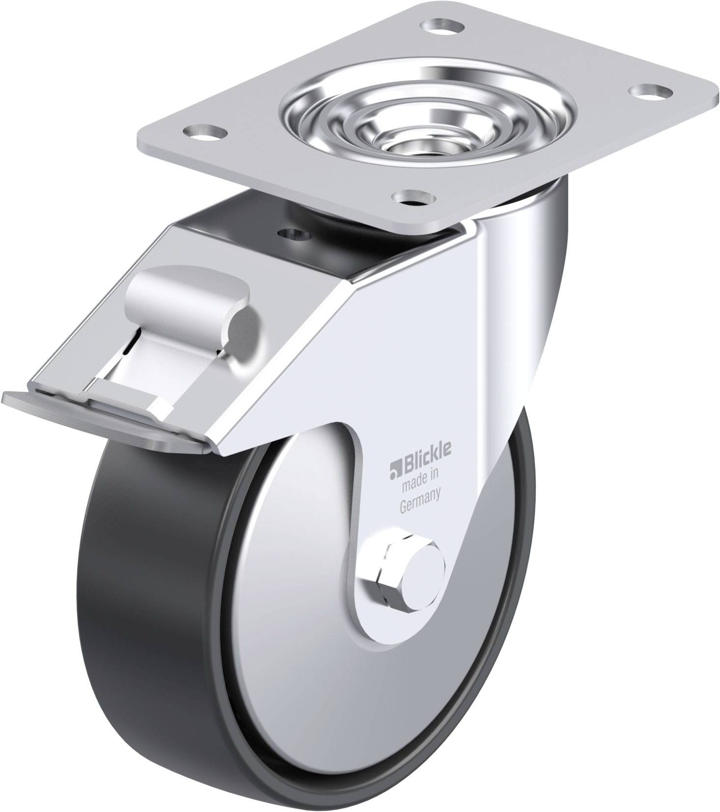 Metalhjulsrulle med plade, blank finish og gummihjul, egnet til møbelbevægelse. Gravering viser 'Blickle made in Germany'.