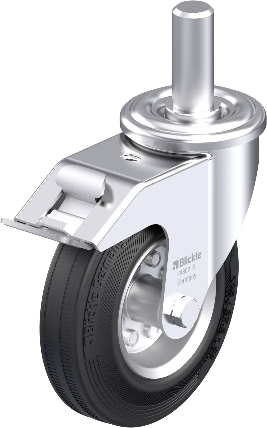 Metalindhus styrbart med sort hjul og riflet gummi; teksten 'Blickle made in Germany' synlig.