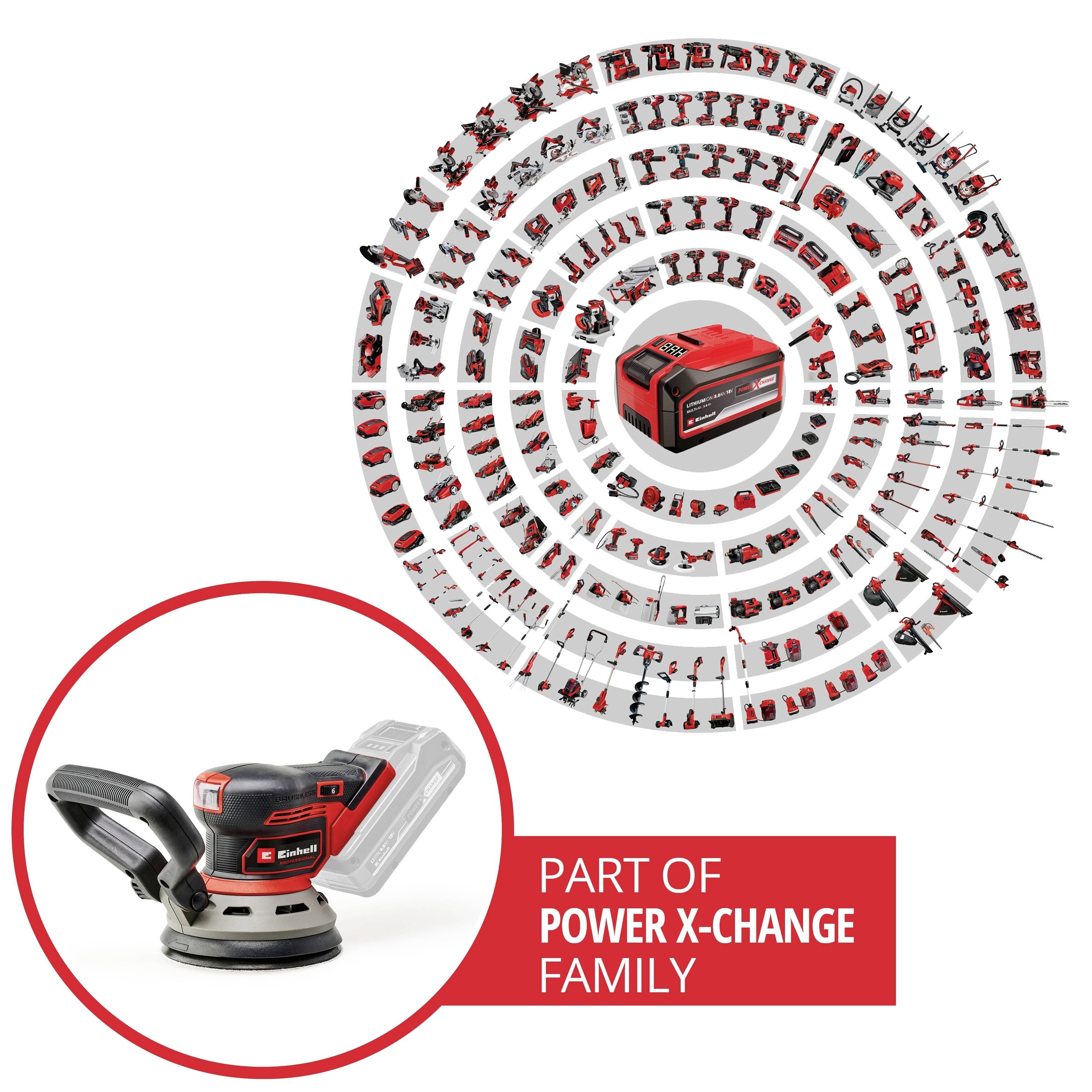 En rød akku-drevet excentersliber under en illustration, der viser et produktsortiment, mærket med 'En del af Power X-Change familien'.