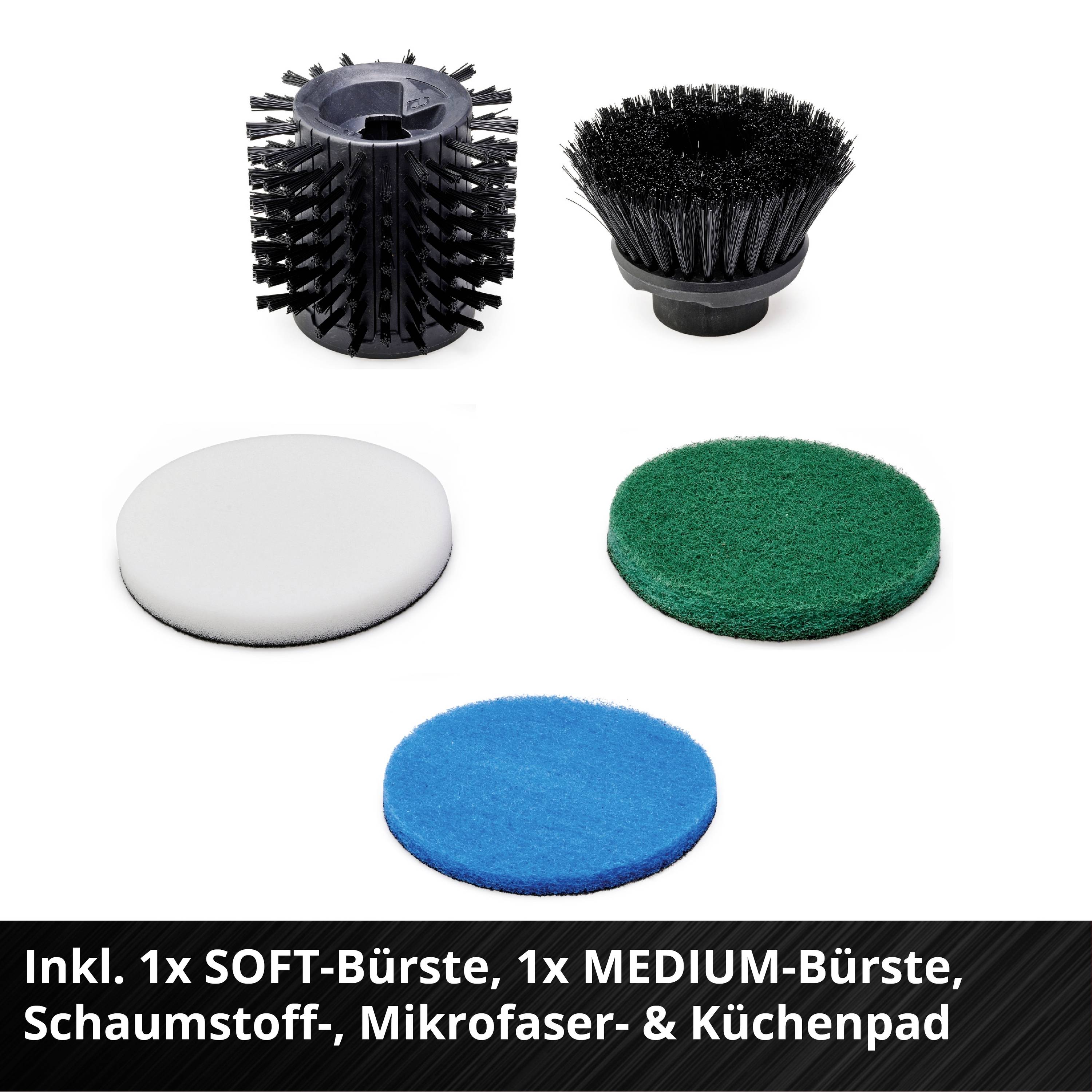 Et sæt med fem rengøringsbørster: en blød, en medium børste, skumpad, mikrofiberpad og køkkenpad. Velegnet til forskellige rengøringsformål.