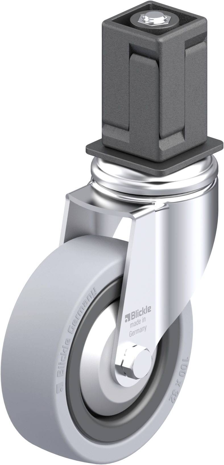 Hjul af metal og plastik, med grå hjulskive, egnet til møbler eller industrielle anvendelser.