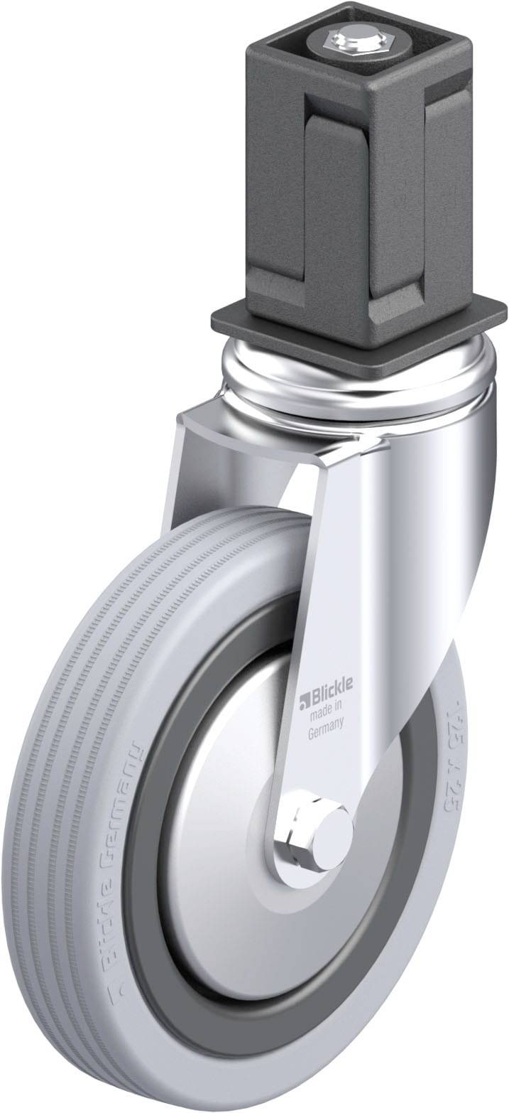 Hjulsving med grå gummi, metalbeslag og rektangulær montering. Egnet til mobilitet for udstyr eller møbler.