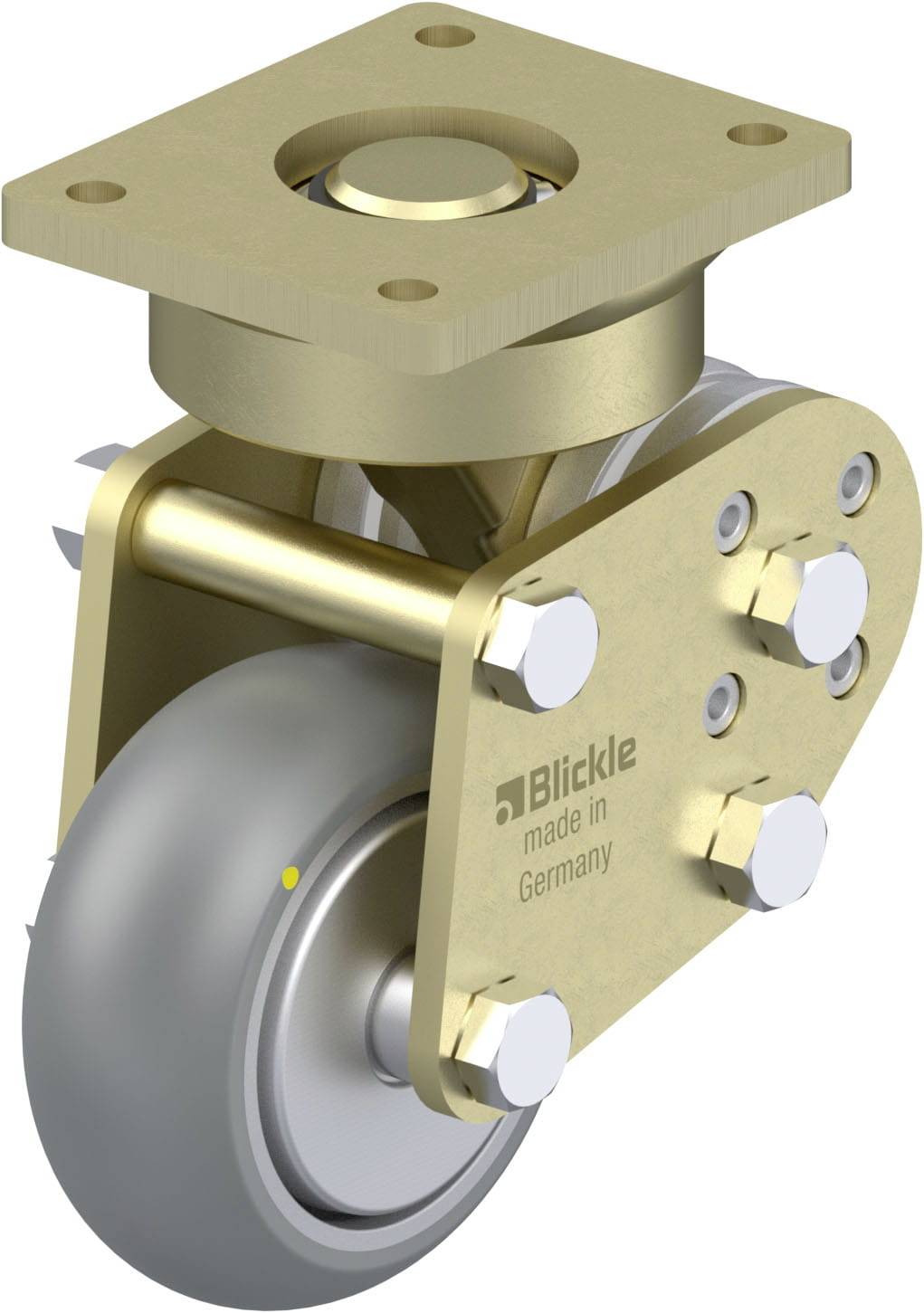 Drejbart metalhjul med bremse. På siden står 'Blickle made in Germany'. Egnet til møbler eller apparater.