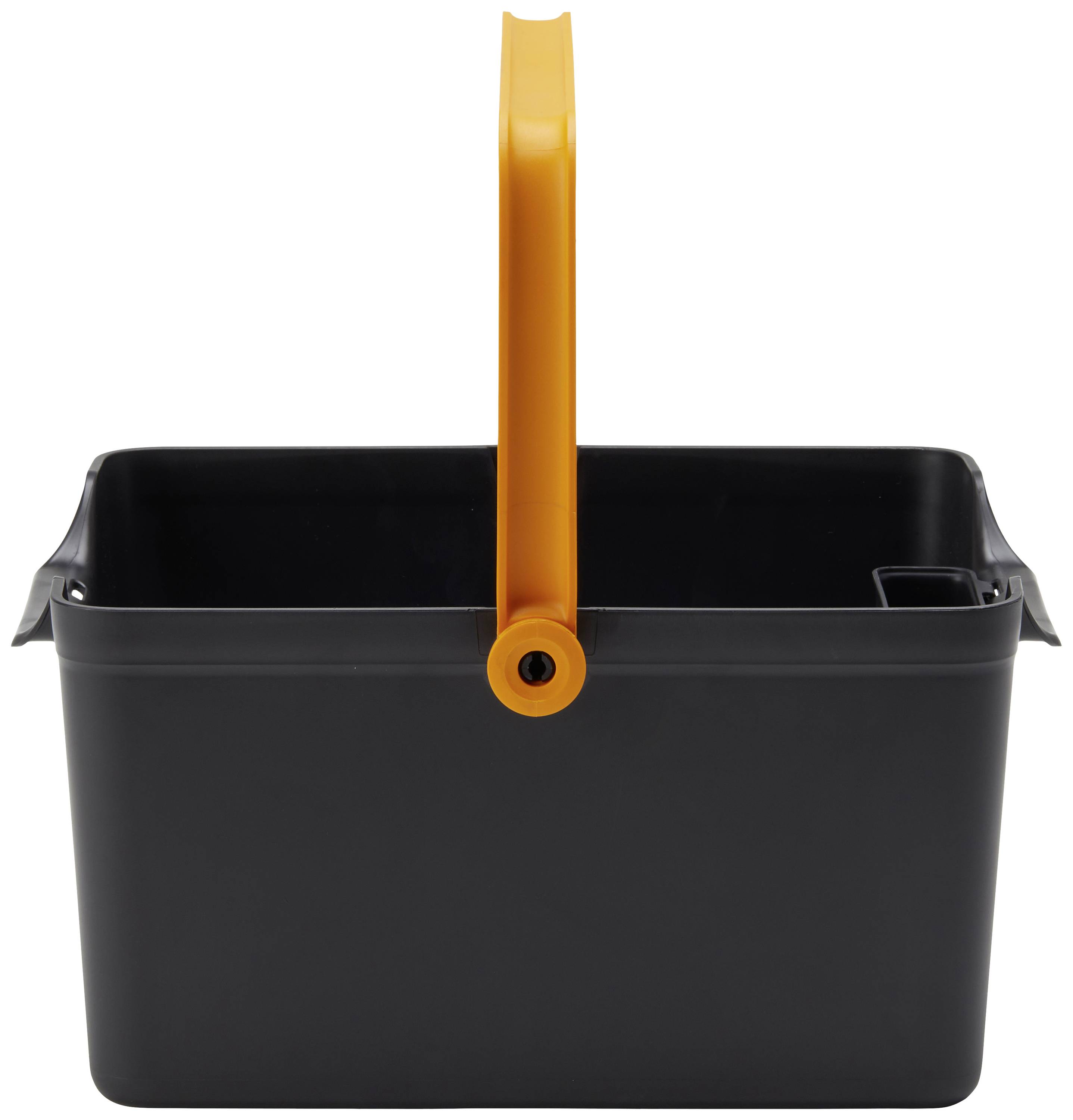 En sort spand med orange håndtag, som står lodret. Spanden er tom og lavet af plast.