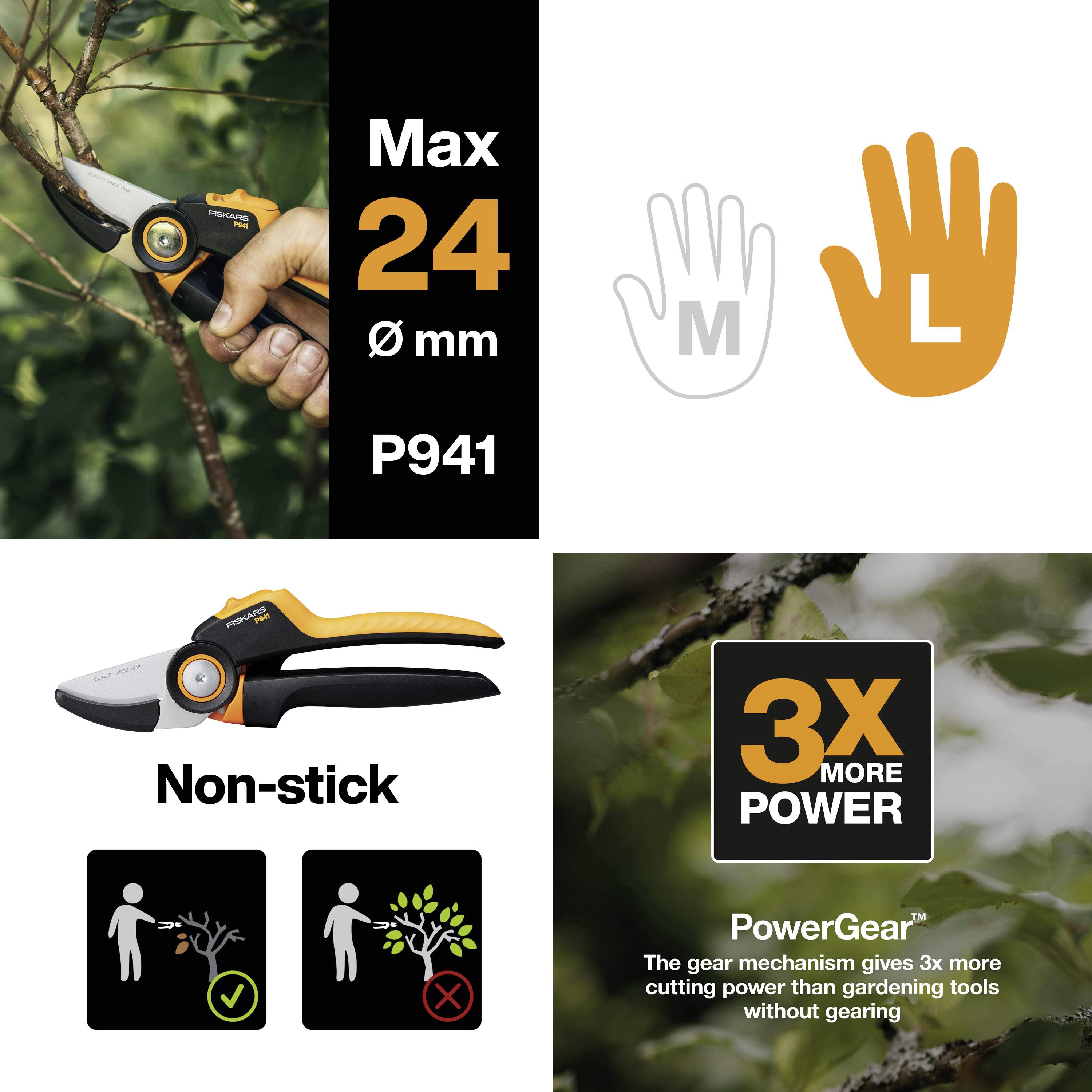 Havesaks med orange greb, egnet til grene op til 24 mm. Mere effektiv end traditionelle sakse, vist på blade til højre.